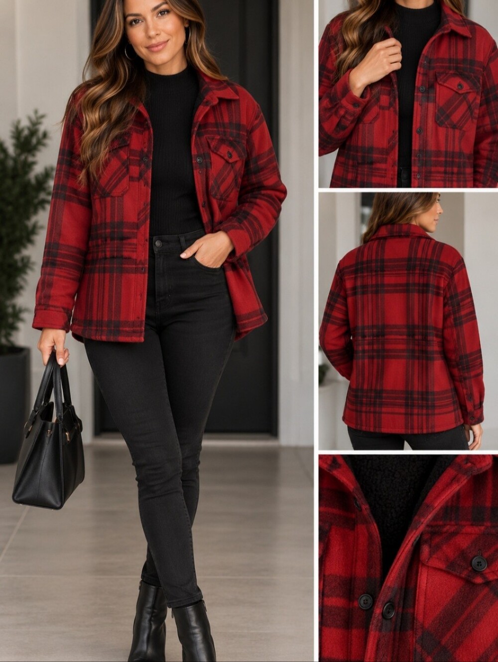 Men's Red Plaid Hooded Shirt Jacket with Sherpa Lining